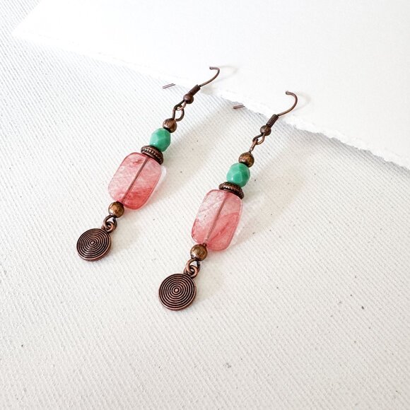 Handmade Cherry Quartz & Copper Dangle Earrings - Picture 5 of 9